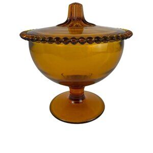 Indiana Glass Amber Vintage 60s Retro Beaded Edge Compote Lid Covered Candy Dish